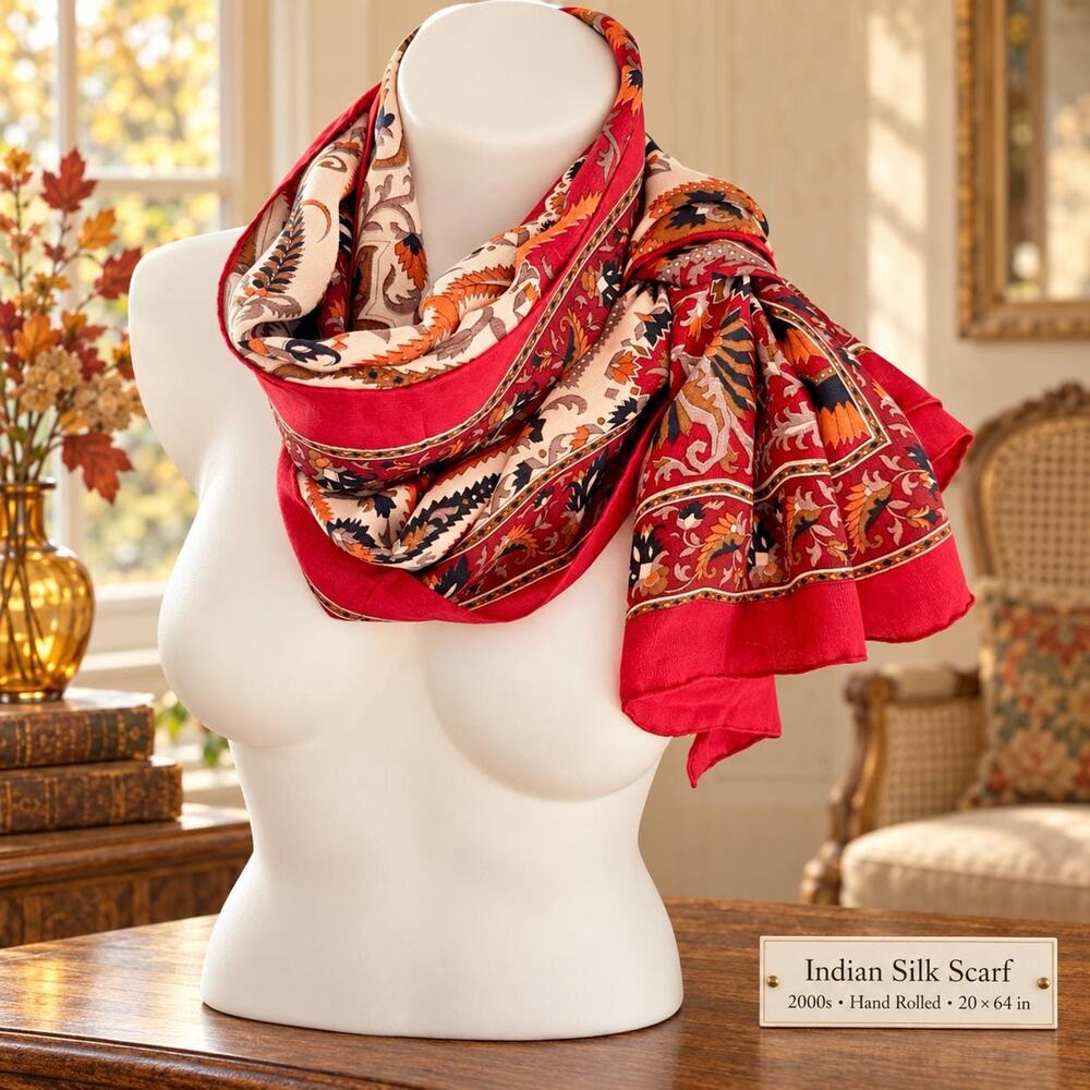 Vintage 2000s Red Paisley Indian Silk Scarf Hand Rolled Fall Boho Wrap 20x64